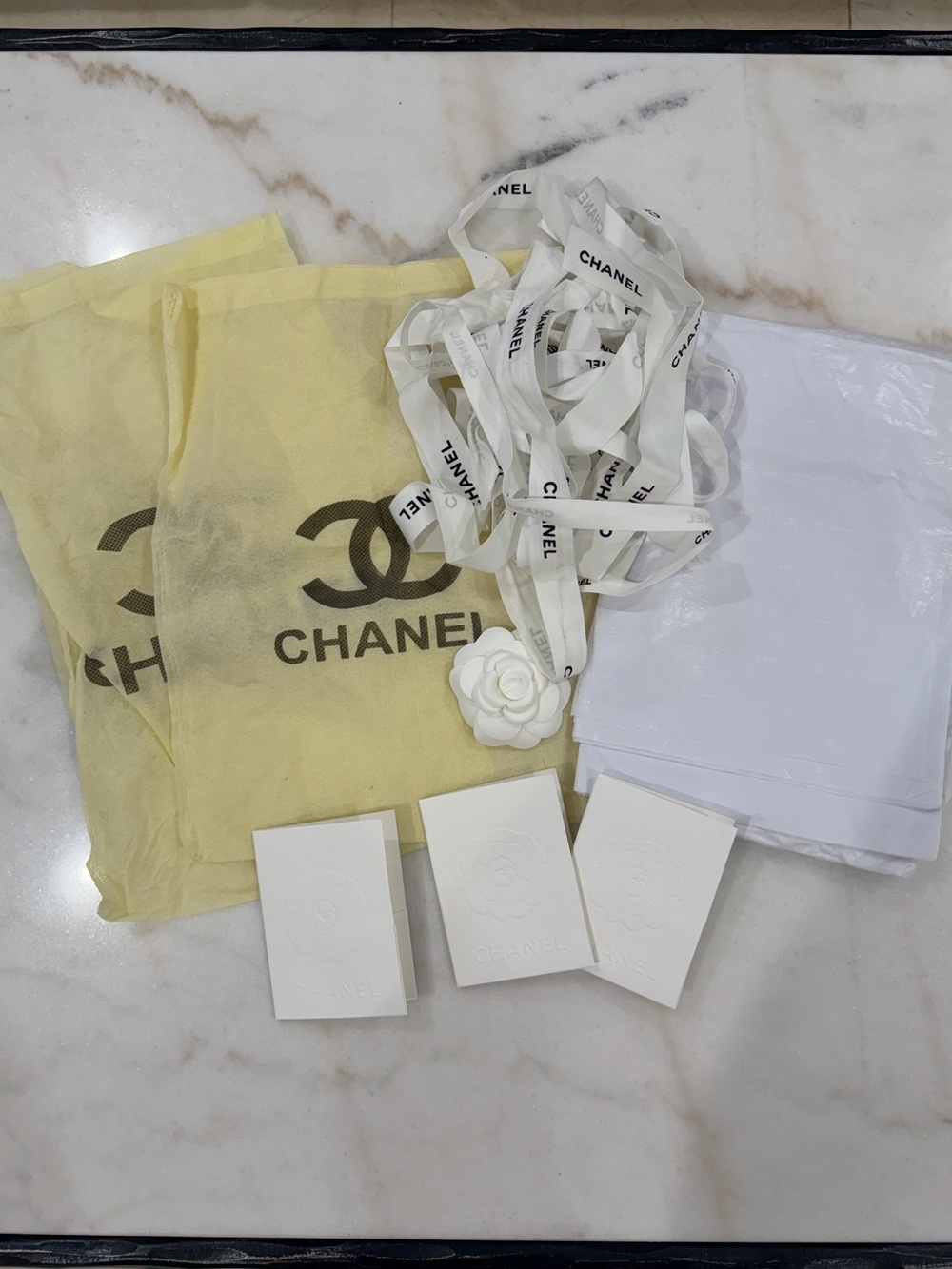 CHANEL White Embossed Camellia Card & Ribbon Gift Set